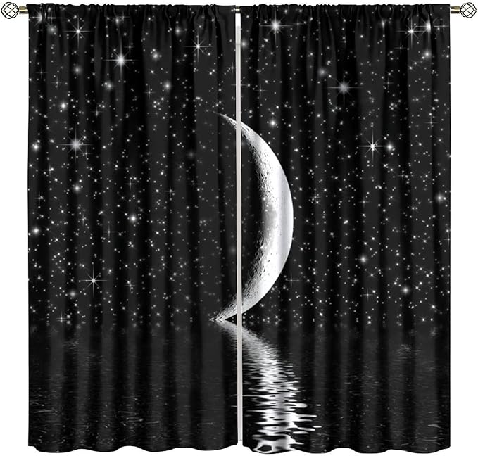 Night Starry Sky Curtain, Black Moon Phase Cloud Stars White New Moon Sparkly Shiny Galaxy Space Lake Fantasy Window Curtains for Kids Boys Girls Room Bedroom Living Room 42" W X 54" L