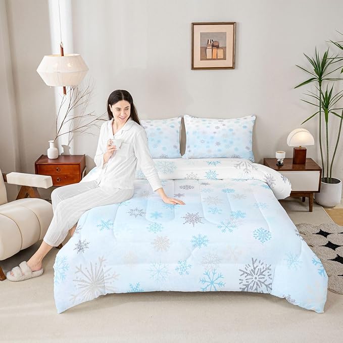 Feelyou Glitter Snowflake Comforter Set Queen Size, Blue Snowflake Comforter Kids Toddler Ombre Bedding Set Winter Theme Duvet Set Microfiber Bed Set