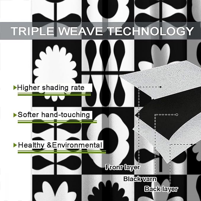 Mid Century Geometric Floral Curtains,Vintage 70s Window Treatments for Boys Girls Kids Bedroom Curtains,Boho Black and White Floral Curtains 72"" W X 63"" L, Style-10
