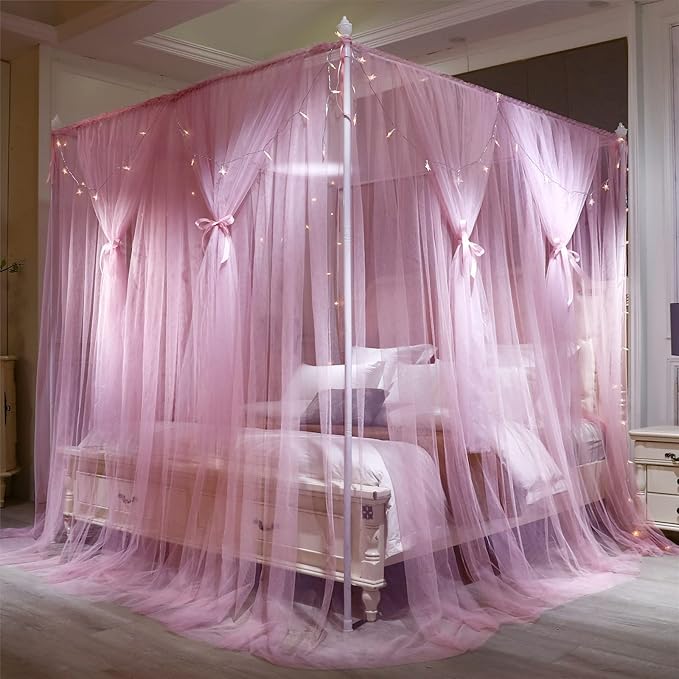 VETHIN 4 Corners Post Princess Bed Canopy Curtain Double Layer Cozy Drape Netting 4 Opening Mosquito Net for Girls & Adults Bedroom Decoration Accessories (Double Pink, 53" W*78" L*82"*H/(Full))