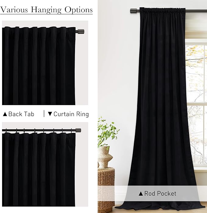 StangH Velvet Blackout Curtains 96 inches - Black Thermal Insulated Light Blocking Drapes for Bedroom Windows/Sliding Door, Back Tab Luxury Thick Backdrop Curtains, W52 x L96, 2 Panels