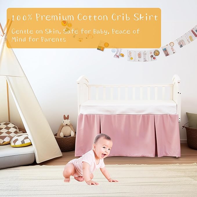 Crib Bed Skirt Dust Ruffle 100% Cotton - Natural, Soft, Breathable for Baby's Delicate Skin, Nursery Toddler Crib Bed Skirt for Baby Boys Girls, Fits Standard Cribs 28" x 52" with 14" Drop