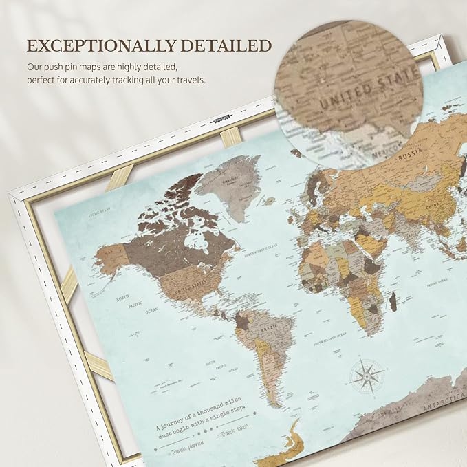 ElephantStock - A Thousand Miles World Push Pin Map Wall Art - Horizontal Canvas Wall Art - Living Room Wall Decor - Printmaking Map Canvas Art - Blue And Brown Decor - 24" x 16"