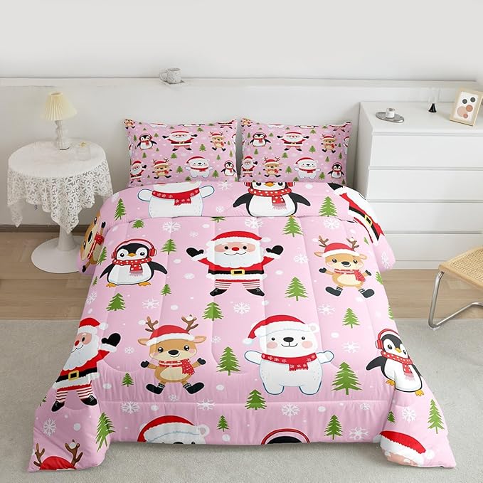 Feelyou Pink Christmas Bedding Set Soft for Boys Girls, Santa Claus Comforter Set Queen Size Penguin Deer Duvet Quilt Microfiber Xmas Snowflake Tree Bedroom Decor 3 Pcs with 2 Pillow Cases