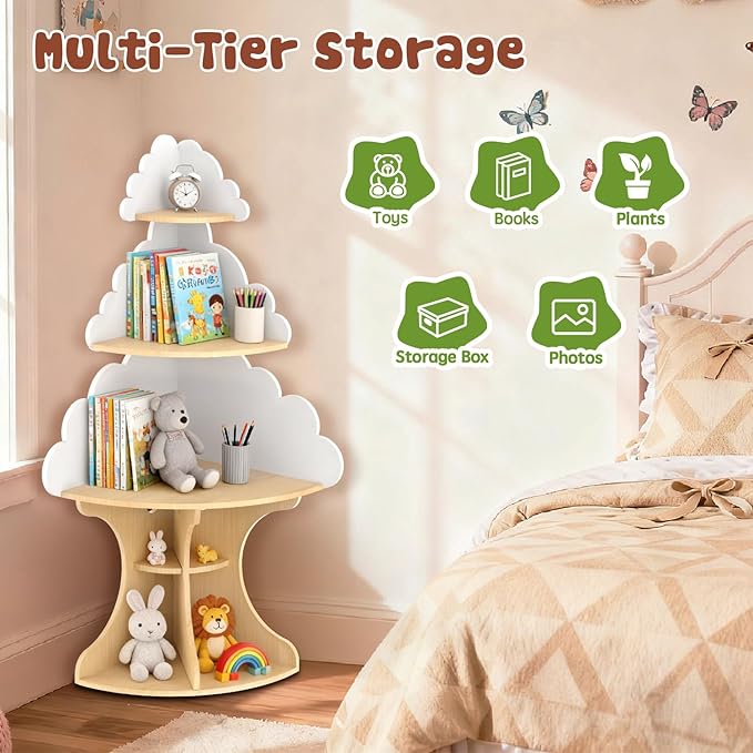 Bookshelf for Kids, Children Cloud-Bookshelf, Space-Saving Montessori Toddler Corner Bookcase for Nursery, Classroom, Kindergarten, Kids Rooms