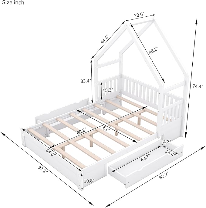 Bellemave Queen Size Wood House Platform Bed with 2 Drawer for Toddlers and Baby, Modern Montessori Platform Bed Frame, No Box Spring Required, Low Floor Bed for Kids' Room or Baby Room (White)