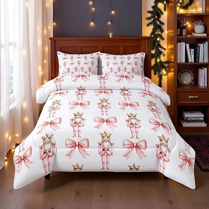 7 Pieces Cartoon Nutcracker Kids Comforter Set Full,Pink Bowknot Romantic Princess Bedding Set,Ballet Merry Christmas Bow Tie Dreamy（Comforter+Fitted+Flat Sheet+2 Pillowcases+2 Throw Pillow Covers）