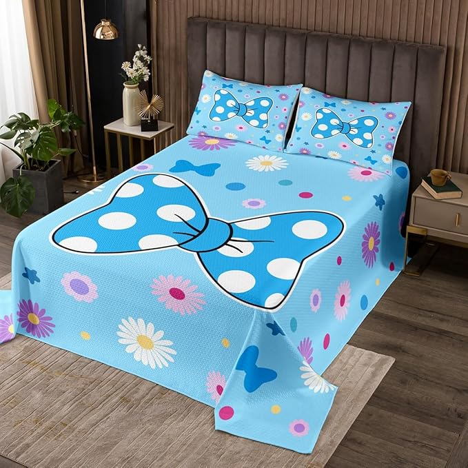 Manfei Blue Bowknot Kids Bedspread Queen Size,Daisy Flowers Geometric Dot Patchwork Coverlet Set,Girls Women Room Decor,Star Bow Tie Princess Quilted Coverlet,Cute Dreamy Bedding Quilt,2 Pillowcases