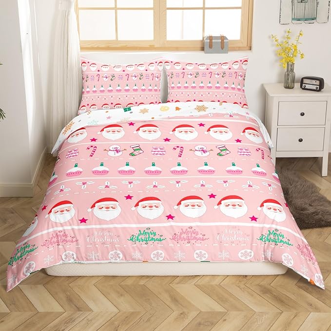 Feelyou Merry Christmas Decorative Pink Comforter Cover Queen Size Xmas Cartoon Santa Claus Snowmen Duvet Cover Winter New Year Bedding Set Gifts for Kids Boys Girls 2 Pillow Cases