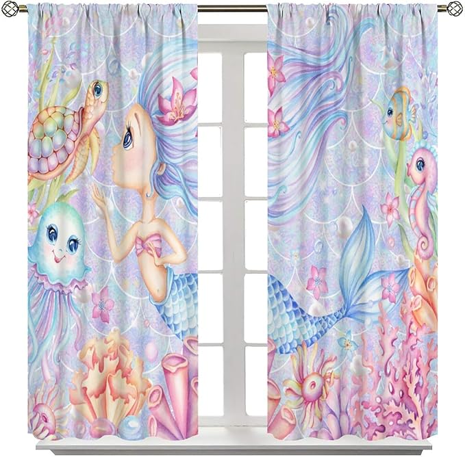 Mermaid Curtains for Girls Children Pink Sea Animal Mermaid Coral Bedroom Curtains for Living Room Room 63x63 Inch