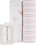 Ely's & Co. Muslin Swaddle Blankets 2-Pack for Baby Girl, 100% Cotton Muslin Extra Large Swaddle Receiving Blankets, 47”x47” (Pink Butterflies + Stripes)