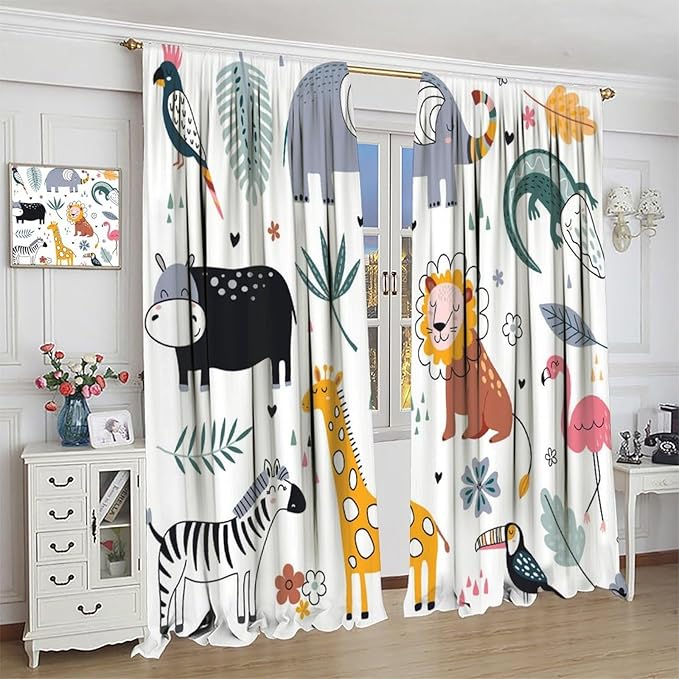 YCness Cartoon Forest Animals Curtains, Woodland Woodland Wild Giraffe Zebra Lion Hippopotamus Window Treatments for Kids Bedroom Living Room Home Nursery Drapes, 72x63 Inch