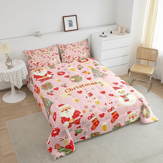 Feelyou Christmas Bedding Set for Kids Boys Girls King Size Cute Santa Claus Comforter Set Ultra Soft Comforter Xmas Tree Duvet Quilt Bedroom Decor Christmas Decor Quilt
