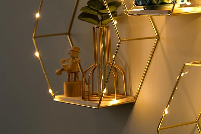 Large Size Golden Hexagon Shape Floating Shelves with LED Lights Wall Decor,Gold Metal Wire and Wood Base Wall Mounted Shelf Decorations for Home Bedroom Living Room - Set of 3