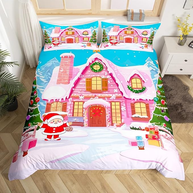 Feelyou Merry Christmas Pink Comforter Cover Set Cartton Cute Santa Claus Bedding Set Toddler Size for Kids Boys Girls Bedroom Bed Decor Xmas Duvet Cover Set Soft Quilt Cover,No Comforter