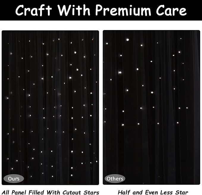 Kinryb Kids Blackout Curtains for Bedroom/Living Room/Classroom, Sheer Overlay Small 2 Panel Set, Double Layer Curtains with Star Cutout for Kids Room(W 52 x L 36 Inches,Black 2 Pcs)