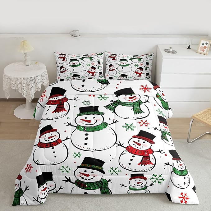 Feelyou Christmas Comforter Set All Season Snowman Bedding Set with 2 Pillow Cases Snowflake Microfiber Kids Full Bedclothes Bedroom Decor Duvet Quilt Breathable Soft Lightweight