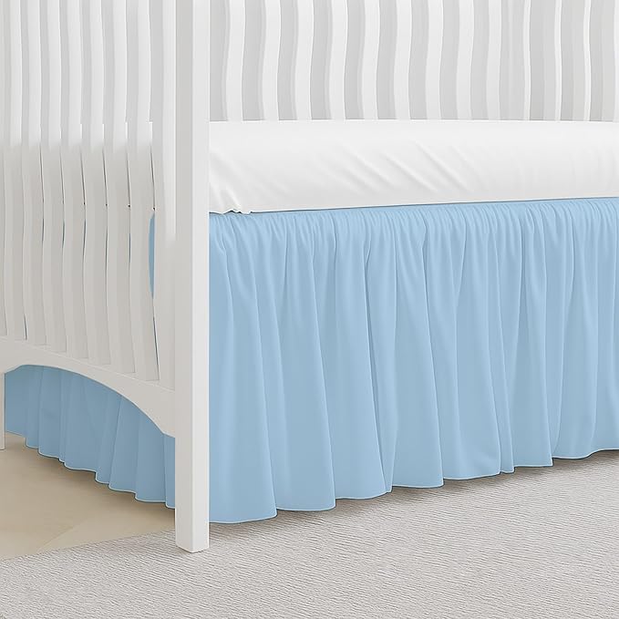 Crib Bed Skirt Dust Ruffle with Split Corners - 100% Cotton - Nursury Standard Crib Bedding Toddler Bedskirt for Baby Boys or Baby Girls - 14" Drop - Light Blue Crib Skirt