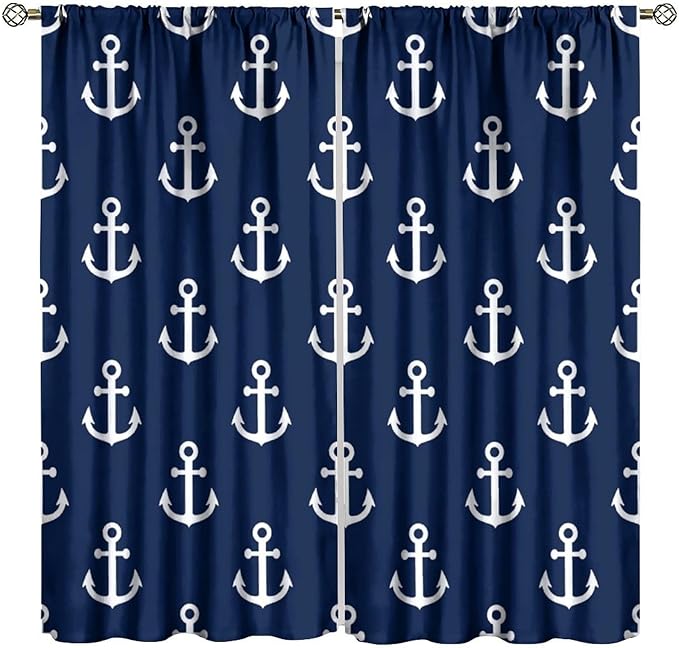 Nautical Costal Curtains,MarineThemed Oceanic Anchor Pattern Blackout Print Home Bedroom Living Room Window Treatments 2 Panel Set 63x63 Inch