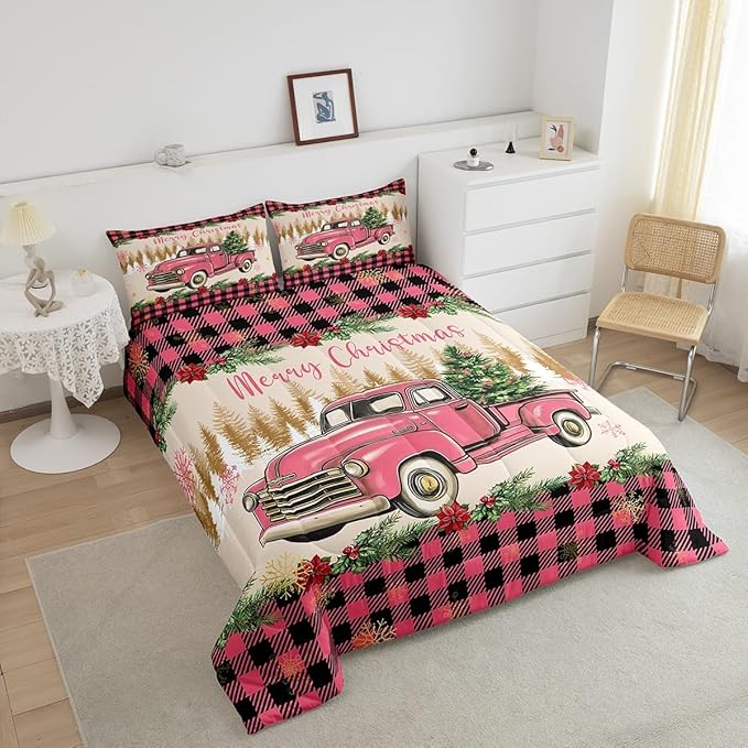 Erosebridal Christmas Comforter Sets Merry Xmas Tree Bedding Sets Twin Red Truck Painting Down Comforter,Lattice Decor Bed Set for Kids Boys Girls Teens Bedroom Decor,Reversible