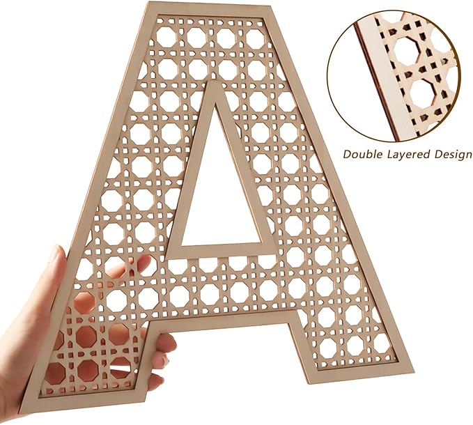 Large Boho Wooden Rattan Letters 12 inch for Nursery Decor Wood Letter E Wall Decors for Baby Girl Boy Bedroom Home Rustic Name Sign Birthday Wedding Decorative Letters