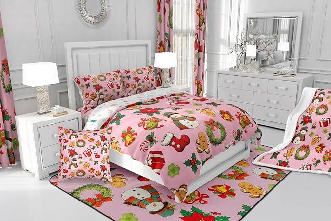 jejeloiu Merry Christmas Comforter Set King Size Cute Snowman Bedding Set for Kids Boys Girls Gingerbread Man Duvet Quilt Pink Bedroom Decor