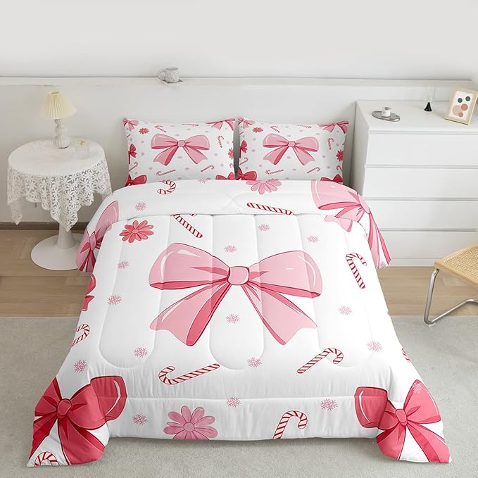Feelyou Pink Bowknot Comforter Set All Season Christmas Candy Cane Snowflake Bedding Set with 2 Pillow Cases Cute Bow Microfiber Kids Queen Bedclothes Dreamy Princess Style Bedroom Decor Duvet Quilt