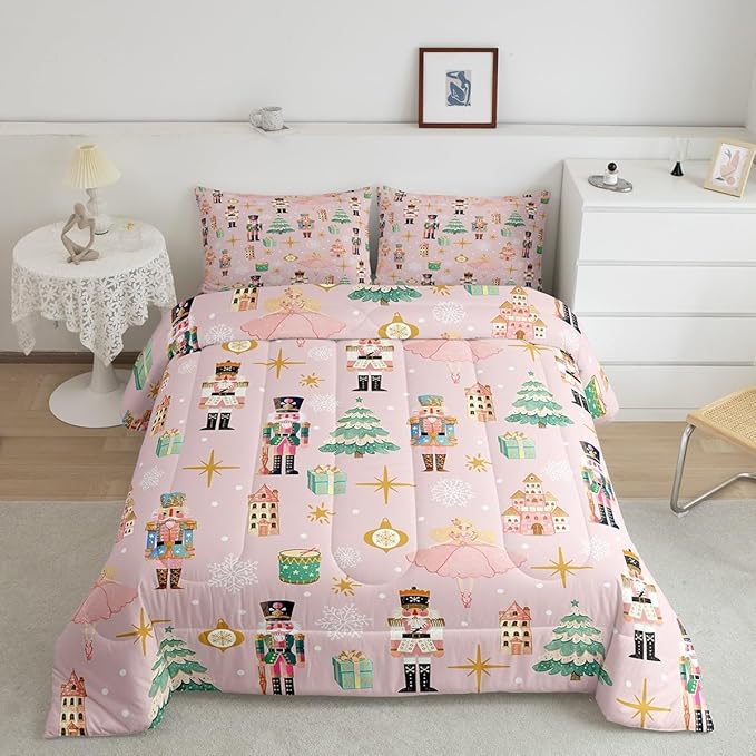Erosebridal 7Pcs Pink Christmas Comforter Set Full Size,Christmas Nutcracker Bedding Set,Dreamy Castle Princess Bed in A Bag,Xmas Galaxy Snow Quilt with Flat Fitted Sheet for Kids Boys Girls