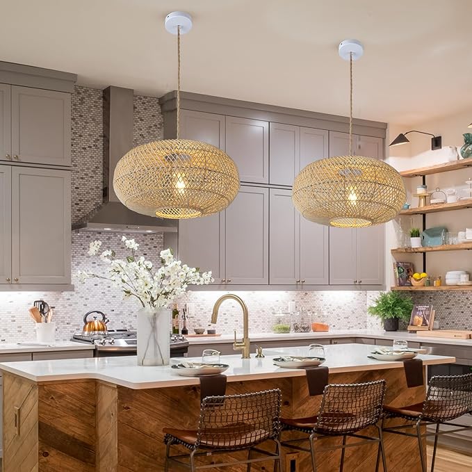 Rattan Pendant Light 16" 1-Light Hand-Woven Rattan Hanging Light，Wicker Woven Basket Chandelier，Modern Bohemian Pendant Lamp for Kitchen Island Foyer Farmhouse Porch