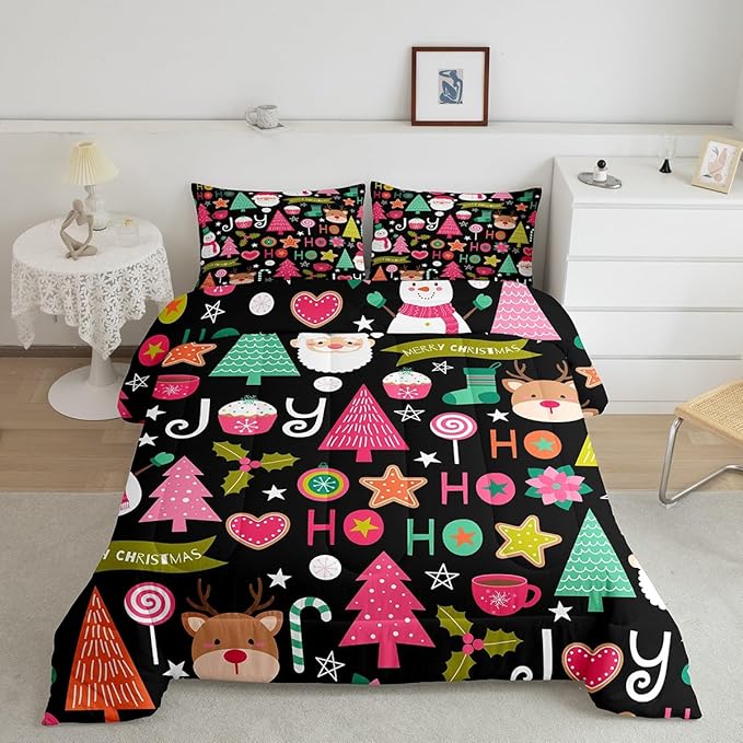 Merry Christmas Kids Comforter Set Full Size,Cartoon Santa Claus Snowman Xmas Bedding Set,Boys Girls Adults Room Decor,Christmas Trees Deer Cute Down Comforter,Colorful Duvet Insert,2 Pillowcases
