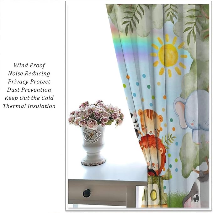 Woodland Kids Curtains Rustic Woodland Wild Animals Watercolor Forest Rainbow Sun Window Draeps for Baby Girls Boys Kids Nursery Bedroom Living Room 2 Panels, 72x63 Inch