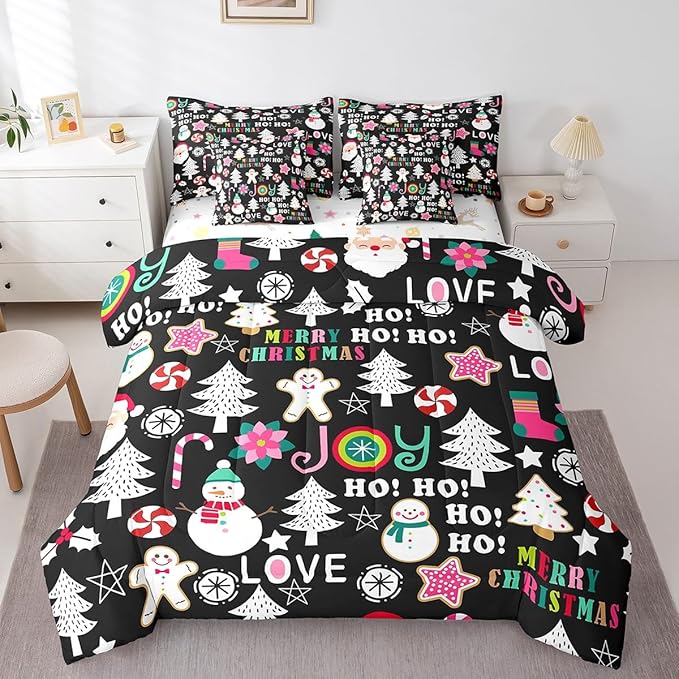 Christmas Kids Bedding Set Cartoon Snowman Gingerbread Man Comforter Set with Sheets for Boys Girls Christmas Tree Decor Bed in a Bag Pink Xmas Theme Black Bed Set 7Pcs Queen Size