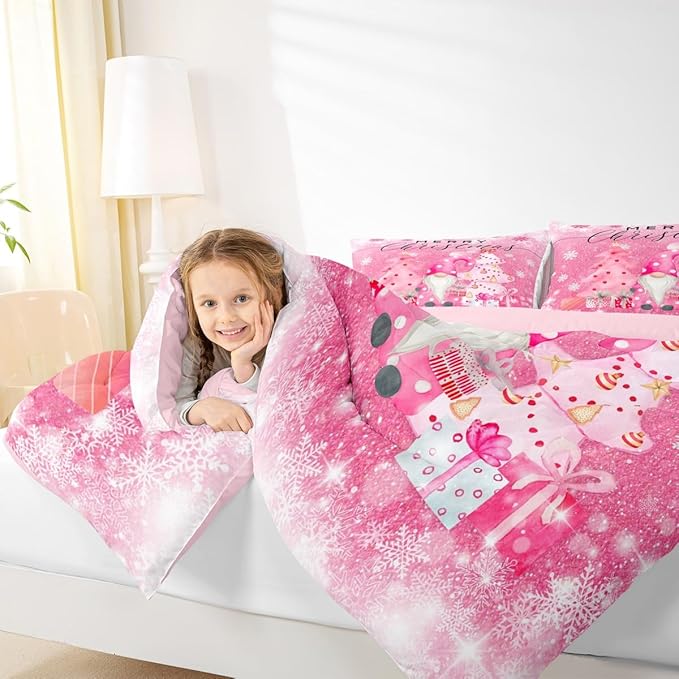 Castle Fairy Girly Christmas Full Size Comforter Set,Pink Gnome Xmas Pine Trees Gift Bedding Comforters Bedroom Collection,Snowflake Stars Glitter Sparkling Bedding Set for Girls Teens
