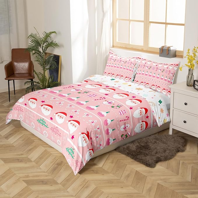Merry Christmas Decorative Pink Comforter Cover Full Size Xmas Cartoon Santa Claus Snowmen Duvet Cover Winter New Year Bedding Set Gifts for Kids Boys Girls 2 Pillow Cases