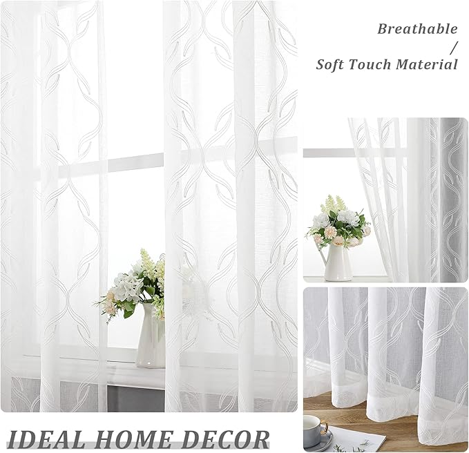 VISIONTEX Sheer Curtains 108 Inches Long 2 Panels Set, White Moroccan Embroidery Texture Geometric Rod Pocket White Voile Tulle Semi Window Treatment Pair for Bedroom, W54 x L108