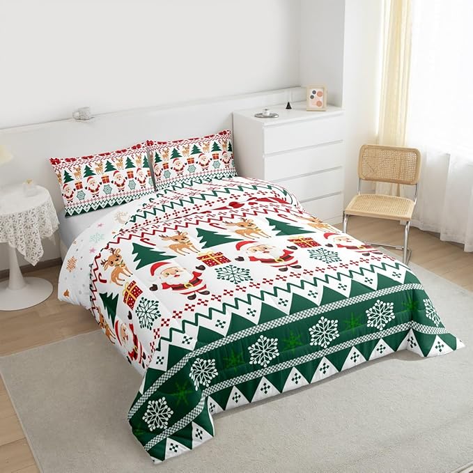 Feelyou Merry Christmas Kids Comforter Set Full Size Santa Claus Bedding Set Cute Deer Duvet Quilt for Kids Boys Girls Bedroom Snowflake Decor Microfiber Ultra Soft Breathable