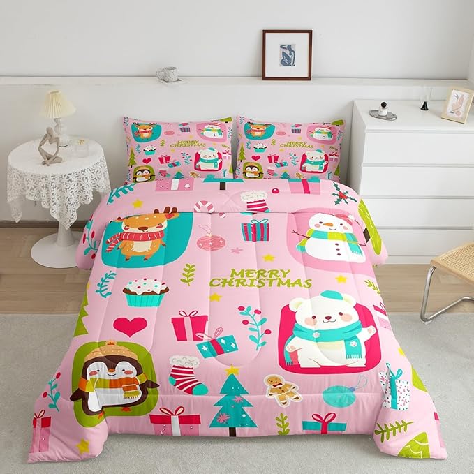 Erosebridal Christmas Cartoon Bedding Set for Kids Cute Snowman Bear Comforter Set Full Size Xmas Tree Deer Elk Reversible Quilts Kawaii Penguin Animal Duvet Insert Room Decor