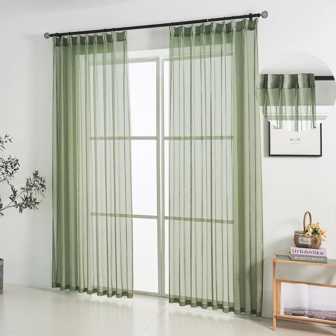 Sage Green Linen Look Pinch Pleated Sheer Curtains 90 Inches Long 2 Panels, 50 Inches Width, Rustic Textured Light Filtering Drapes, Elegant Window Curtain with Hooks