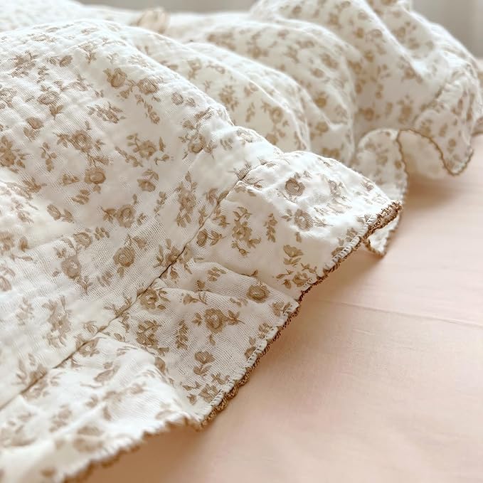 BuLuTu Vintage Floral Design Kids Duvet Cover Twin Cottage Camellia Print Comforter Cover with Ruffles Soft Muslin Cotton Quilt Cover for Girls Boys, Zipper & Corner Ties, No Pillowcase