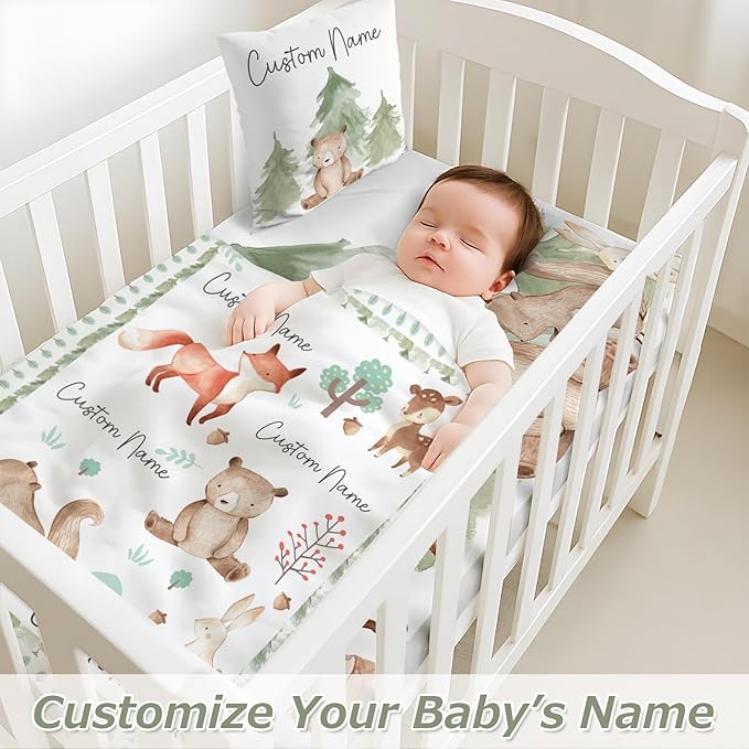 Personalized Baby Crib Bedding Set,3 Piece Custom Name Nursery Set with Blanket, Fitted Sheet & Pillowcase for Baby Girls & Boys, Forest Buddies Theme(Fixed Size)
