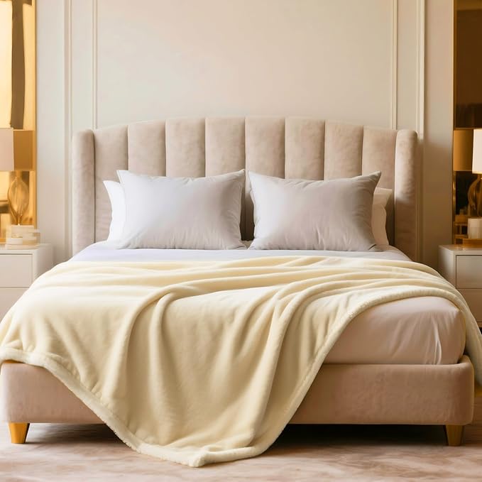Plush Velvet Fleece Bed Blanket, Lightweight Queen Size Blanket, Soft Fuzzy Cozy Blanket for Couch (Cream Yellow, Twin)