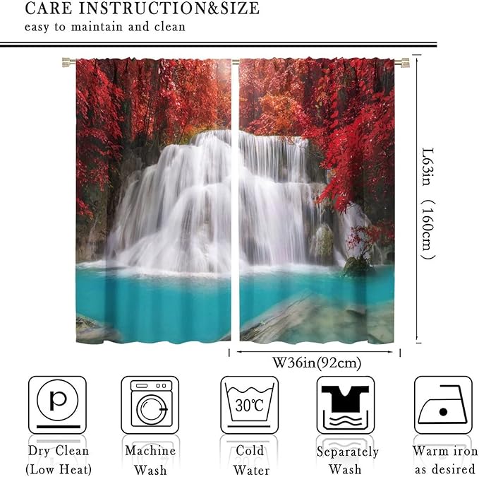 Red Forest Waterfall Blackout Windows Curtains, Tree Landscape Woodland Scenic Nature Fall Scenery Art Printed Curtains, for Living Room Bedroom 72x63in 2 Panels