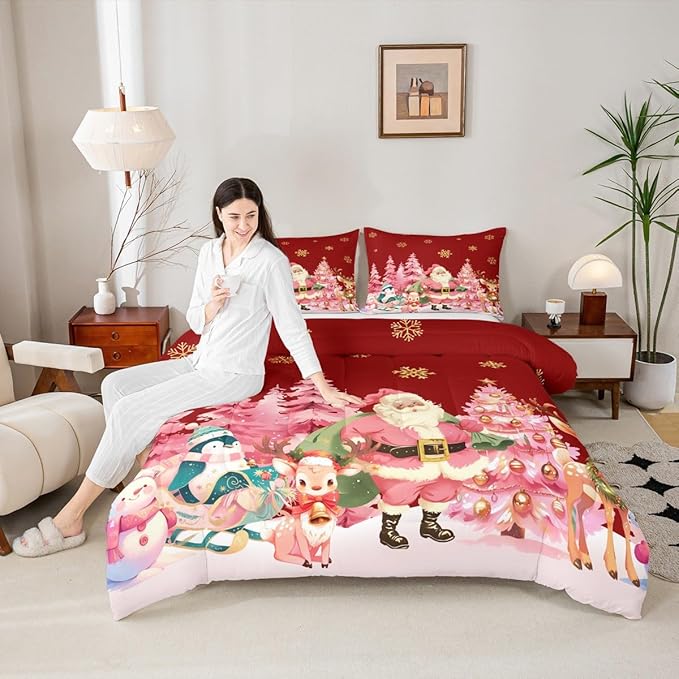 jejeloiu Merry Christmas Comforter Set Twin Size Santa Claus Bedding Set for Kids Boys Girls Cute Deer Duvet Quilt Red Bedroom Decor