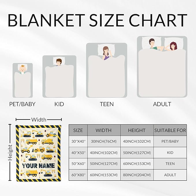 Custom Construction Blanket for Boys Girls - 40" x 50" Inches Construction Throw Blanket Gift for Kids - Flannel Warm Soft Throw for Crib, Couch, Sofa