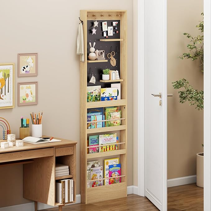 ELECWISH Kids Bookshelf, Behind The Dooor Wall Mounted 70" Tall Bookcase with Open Display Shelves, Space-Saving Narrow Book Shelf for Children's Study Living Room, Nursery, Set of 2