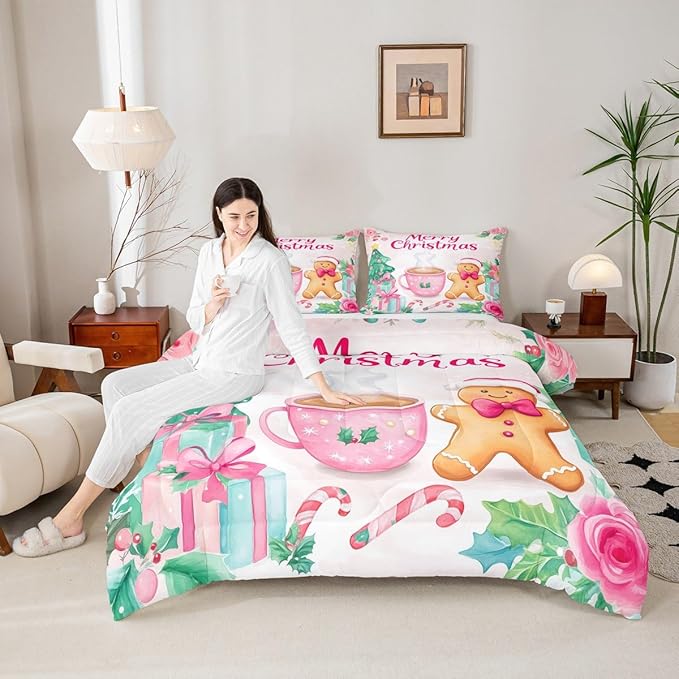Feelyou Merry Christmas Bedding Set Soft for Boys Girls, Christmas Decor Comforter Set Queen Size Gingerbread Man Duvet Quilt Microfiber Xmas Bedroom Decor 3 Pcs with 2 Pillow Cases