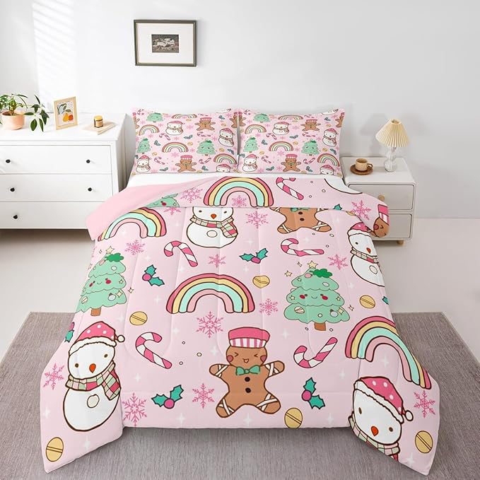 Feelyou Christmas Kids Comforter Set Toddler Size Merry Christmas Tree and Snowman Bedding Set Gingerbread Man Duvet Quilt for Kids Boys Girls Bedroom Rainbow Print Decor Snowflake Soft Breathable