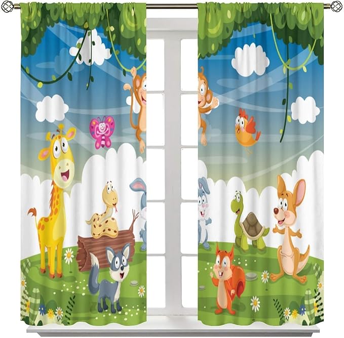 Animal Curtains, Cartoon Cute Woodland Jungle Forest Animals Pattern Blackout Window Treatments, Rod Pocket Thermal Insulated Drapes 2 Panel Sets for Kids Nursery Bedroom Classroom, 63" W X 72" L