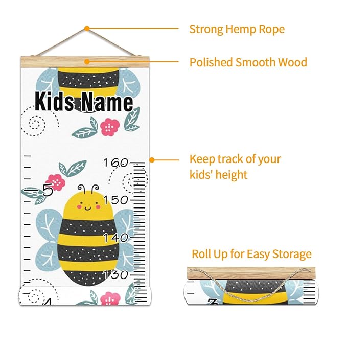 Personalized Kids Name Growth Chart Ruler for Wall Wood Frame Height Measure Chart 13.4x56 in Linen Hanging Height Growth Chart Cute Cartoon Bee Red Floral Kids Room Decor