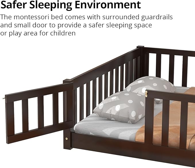 i-POOK Queen Floor Bed for Children, Sturdy Wood Montessori Bed Frame with Wood Slats, High Fence & Small Door for Girls and Boys, Espresso (with Bed Slats)